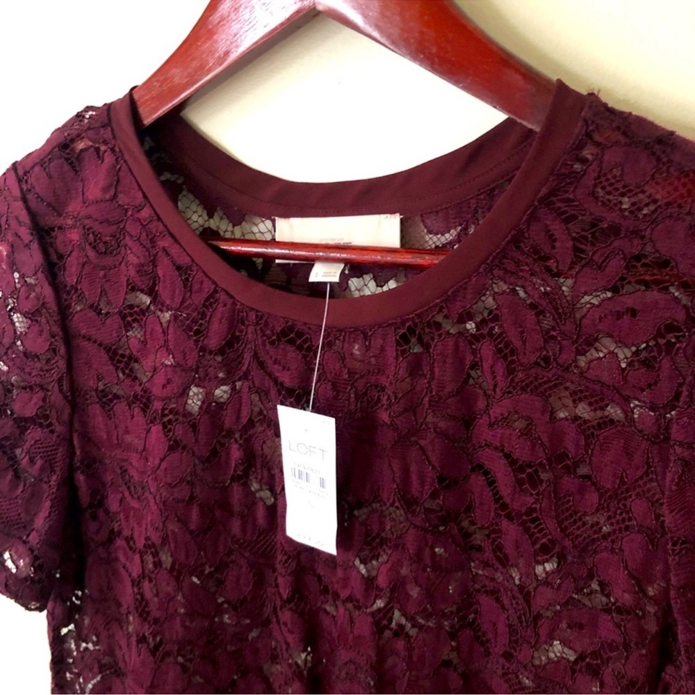LOFT Wine Lace Short Sleeve Top